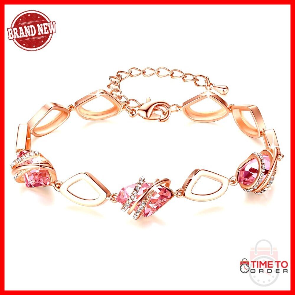 Birthstone Crystal Link Charm Bracelet, Rose Gold Plated, 7"+2" Extender